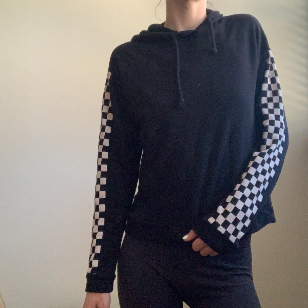 FASHION NOVA Checkered Sleeved Hooded Sweatshirt